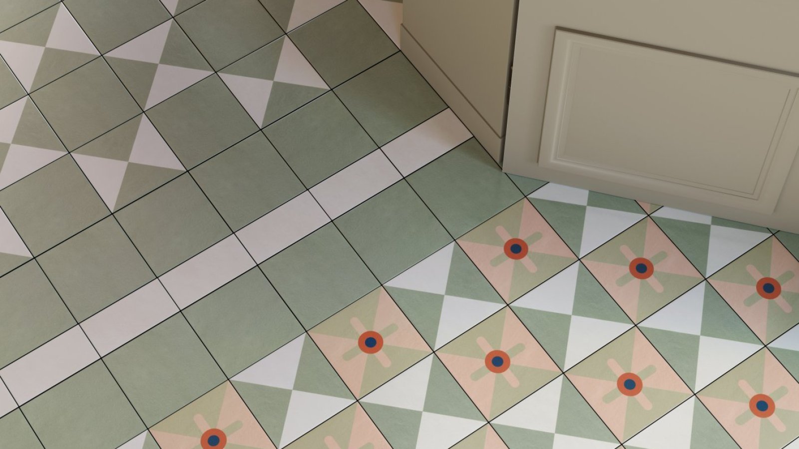 Composizione di pattern Mattonelle Margherita di Mutina su pavimento e parete