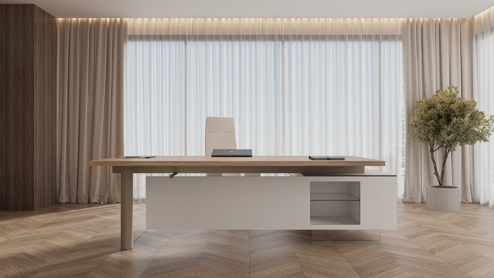 Scrivania direzionale moderna Cloud di Codutti con piano in cristallo temperato