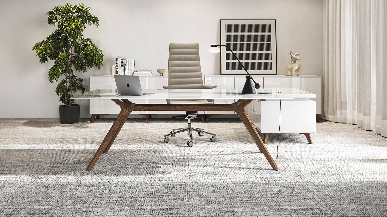 Scrivania direzionale design DR di Frezza con struttura in legno massello laccato bianco