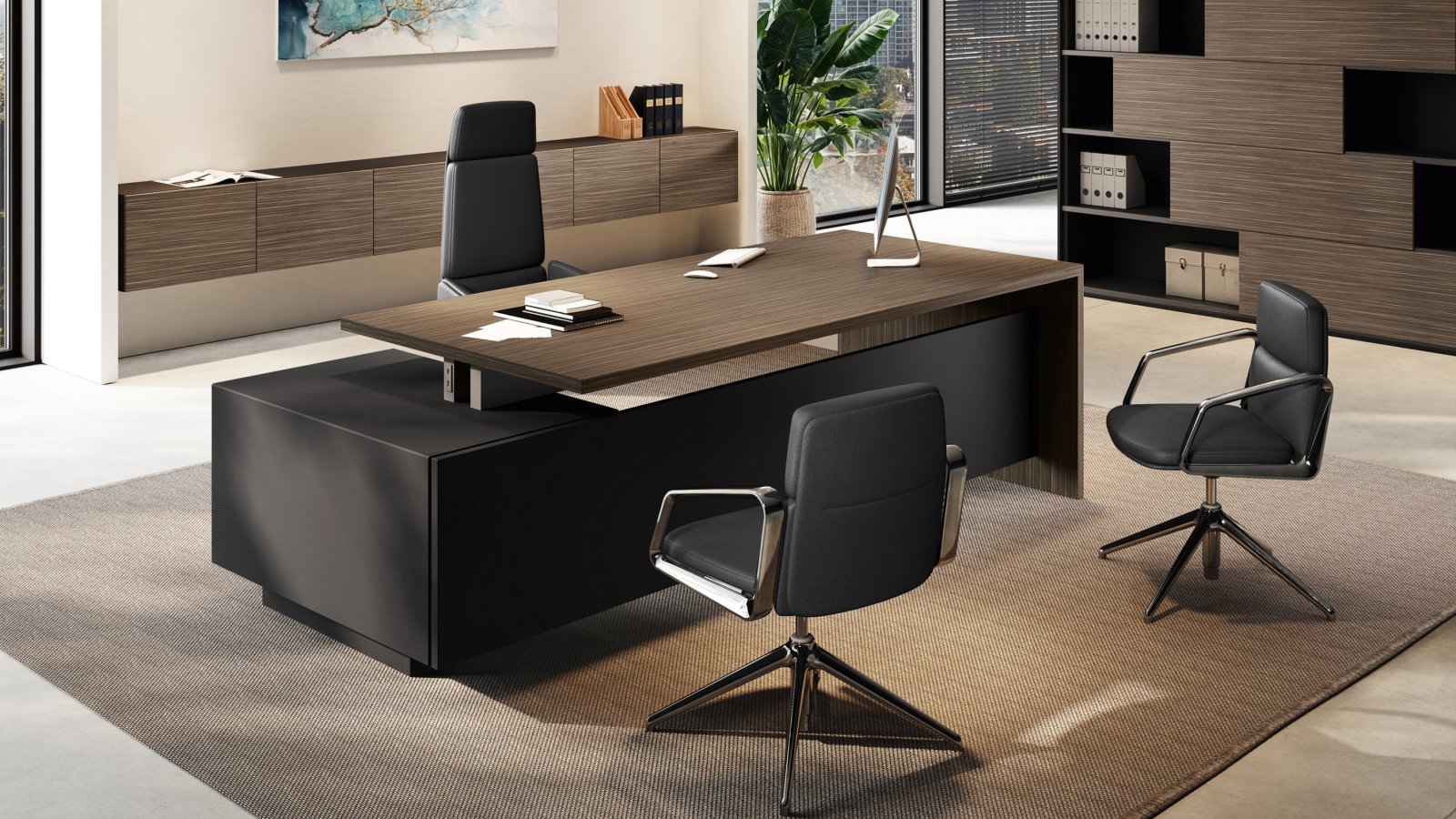 Ufficio direzionale Elite completo — scrivania, riunioni e boiserie, design Progetto CMR