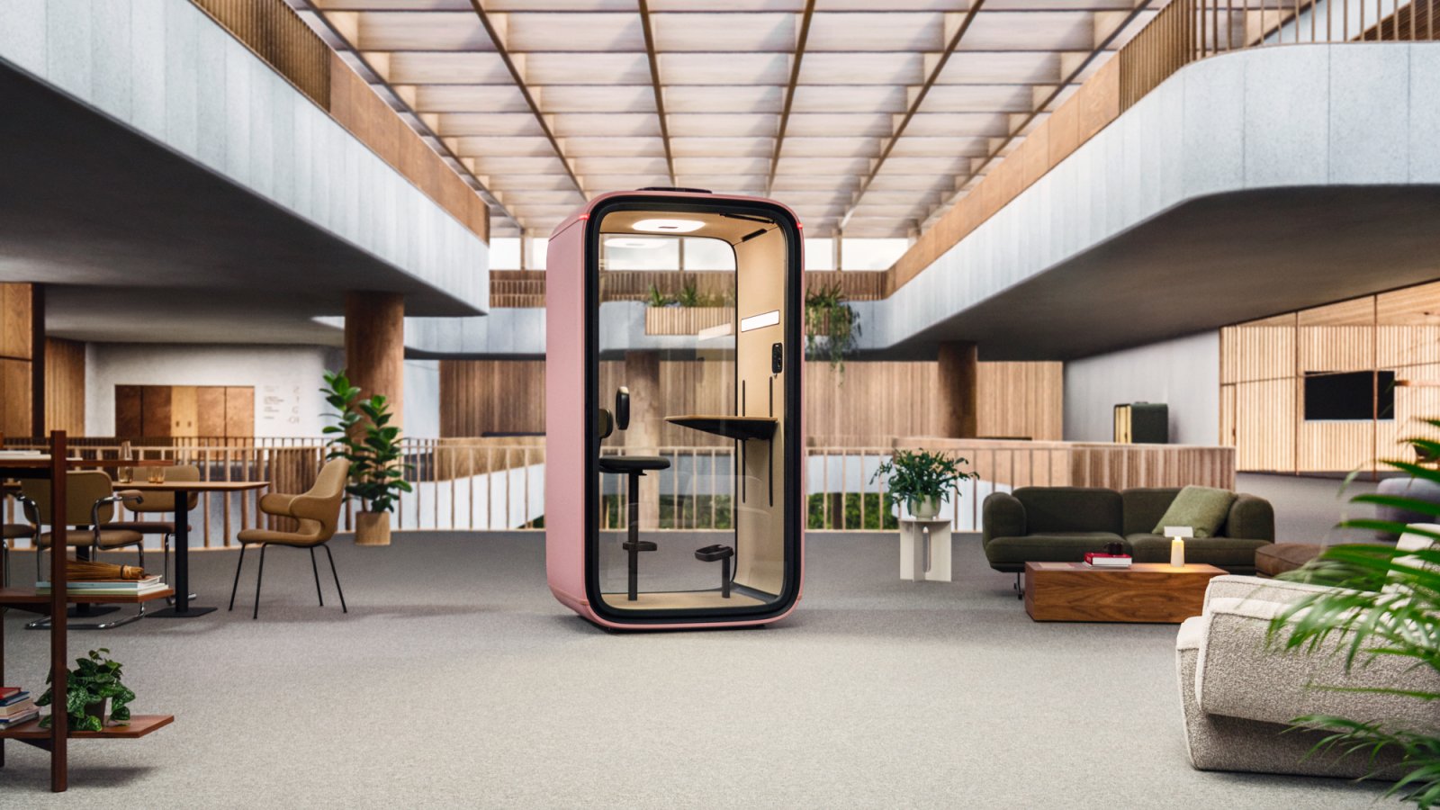 Pod acustico Framery One bianco con curve senza giunte in ufficio