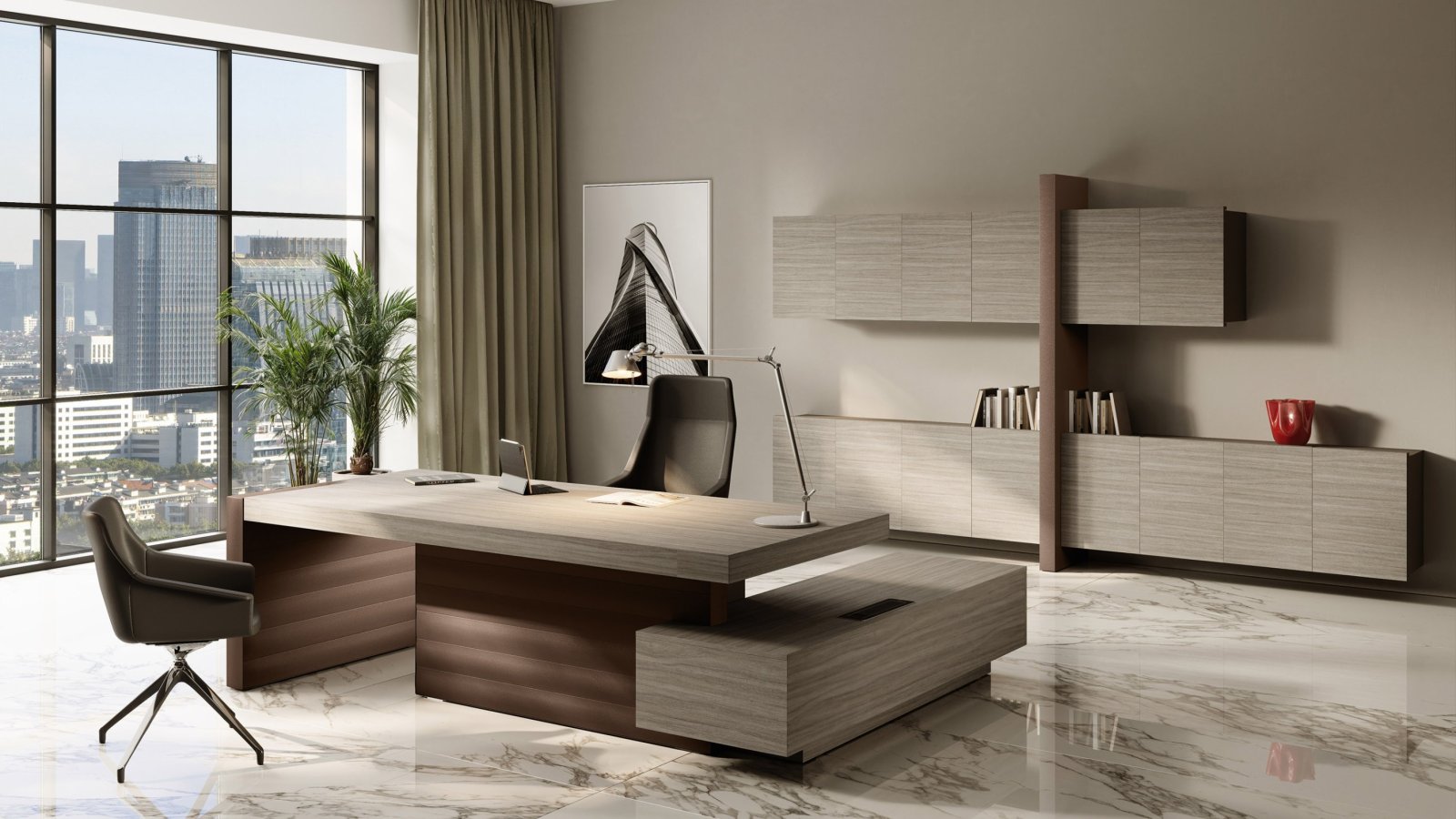 Scrivania direzionale Jera Las Mobili finitura Noce Bali — piano 90 mm, vista frontale ufficio CEO