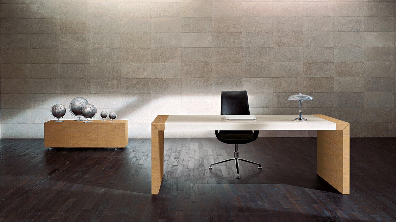 Scrivania design Kyo di Martex con mobile strutturale in noce