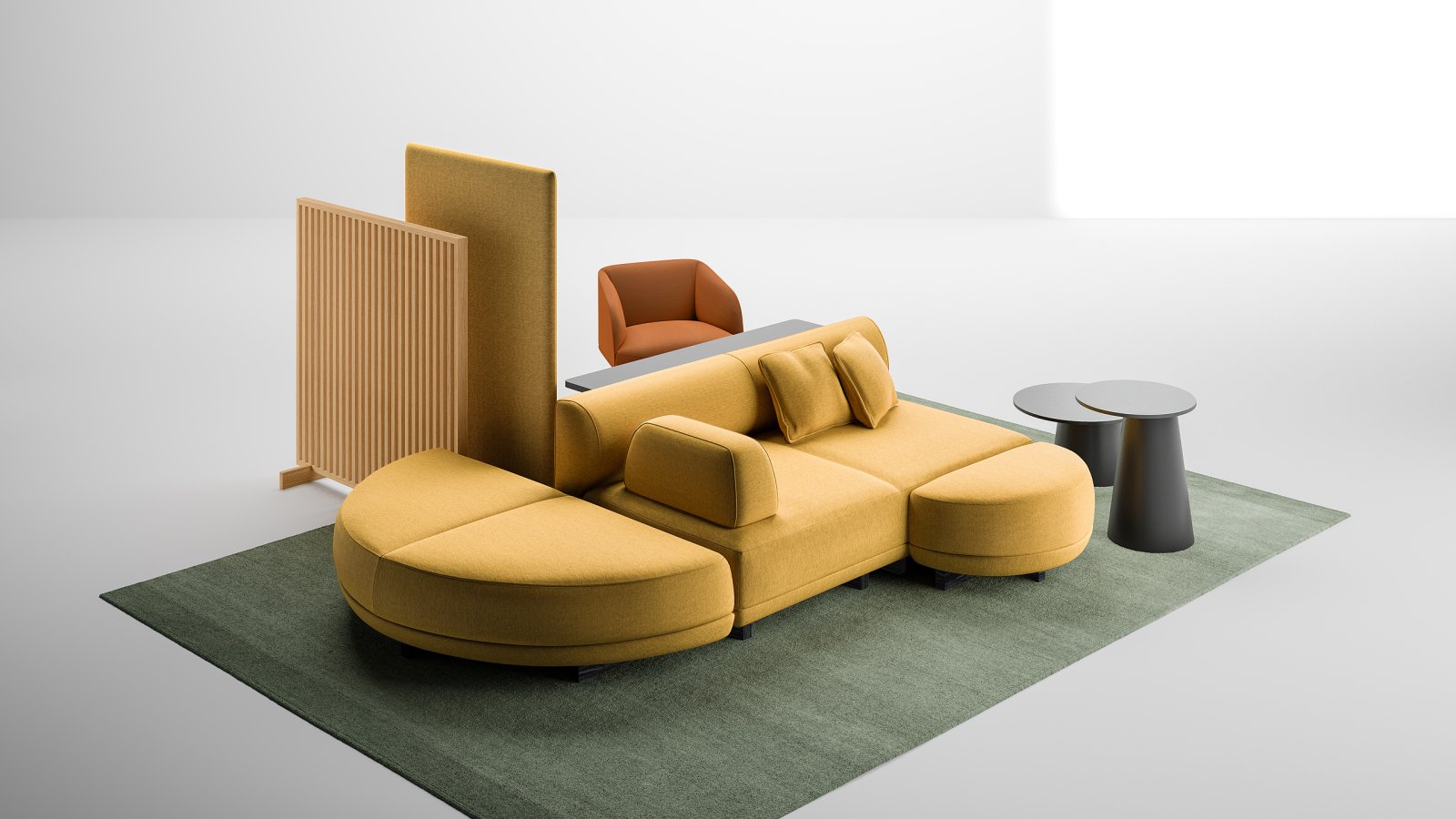Seduta isola Node+ da 180 × 180 cm con schienali imbottiti nella hall di una sede