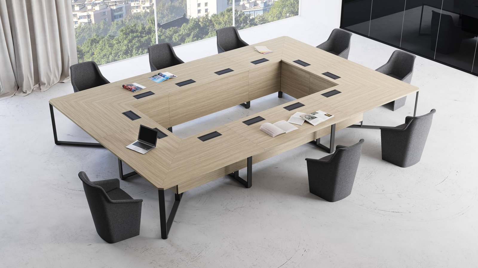 Sala riunioni arredata con tavolo, credenza e leggio I-Meet di Las Mobili