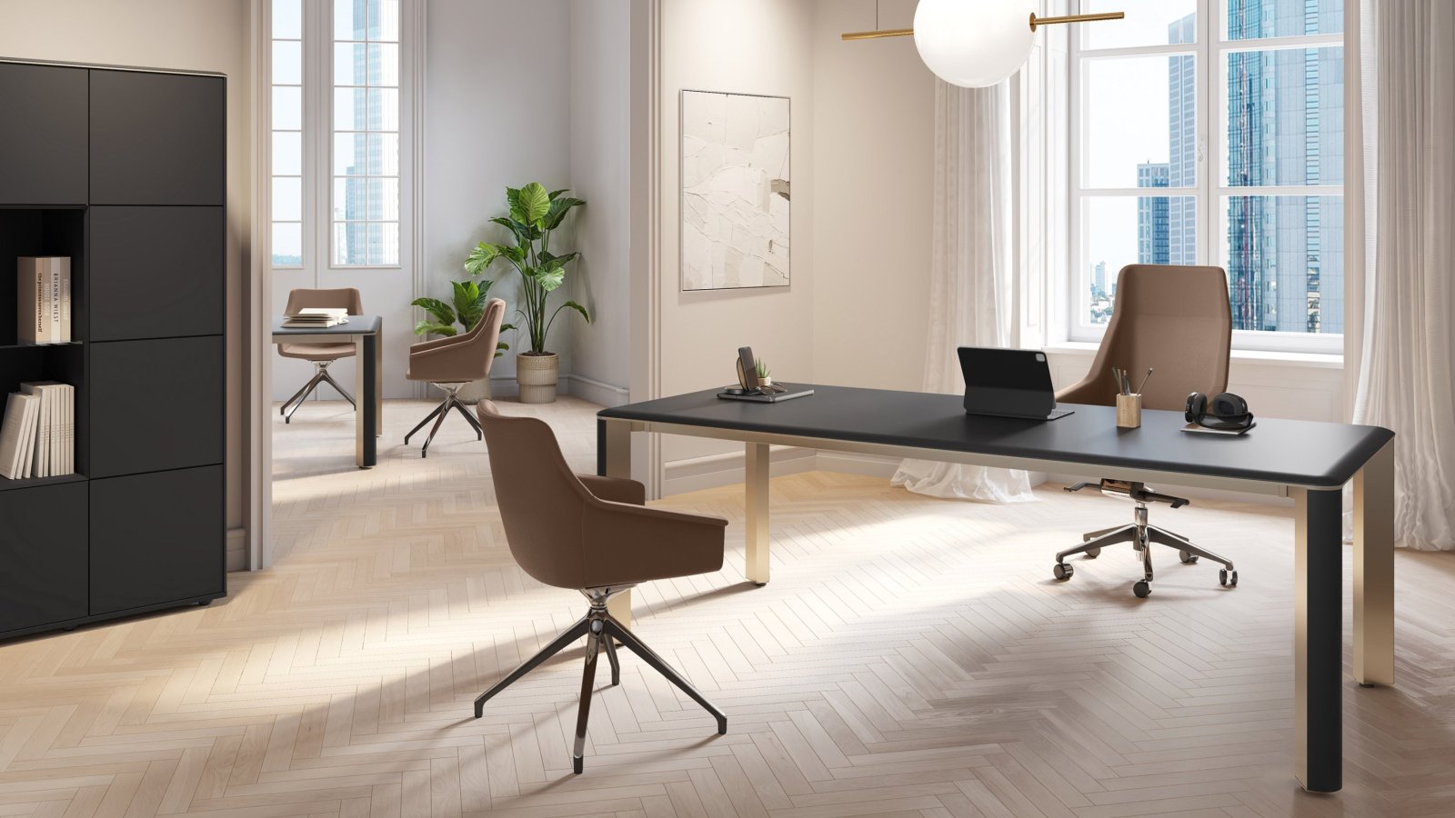 Scrivania direzionale moderna Iulio di Las Mobili con gambe in alluminio Inox Grey e inserto effetto legno