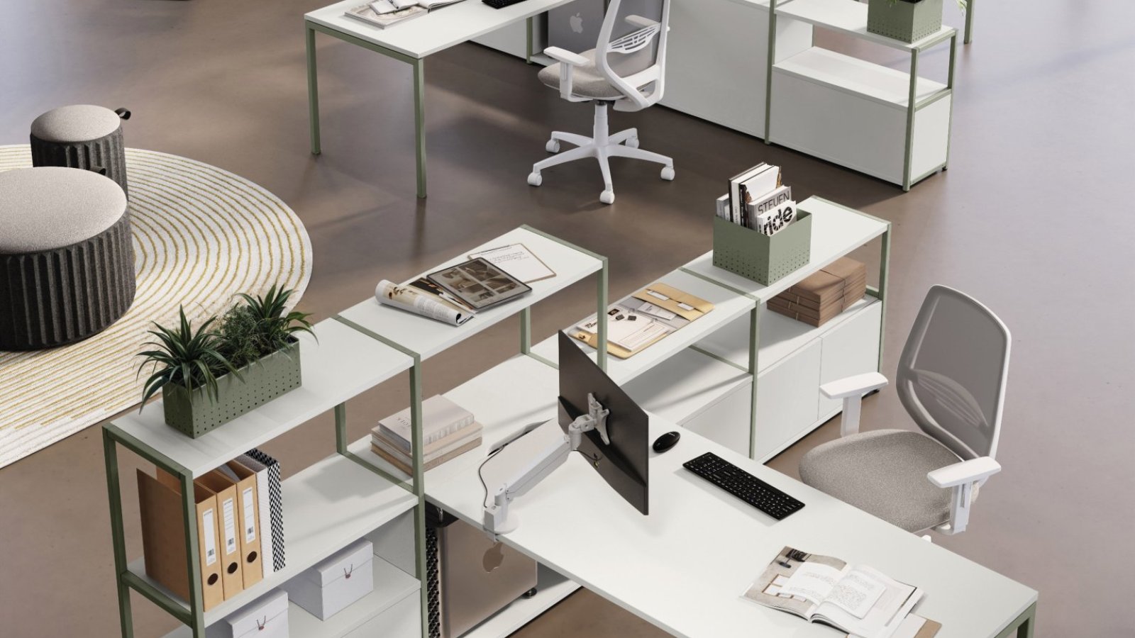 Sistema di scrivanie operative Sigma di Las Mobili con workstation bench su gambe metalliche quadre