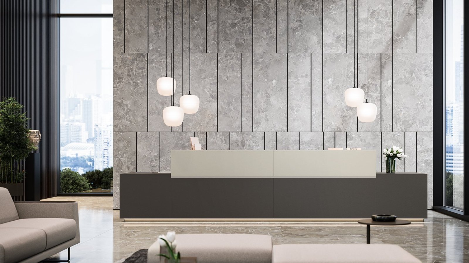 Bancone reception Z1 di Quadrifoglio in composizione asimmetrica nella hall