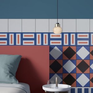 Piastrella decorata Double Red, disegno a mano di Nathalie Du Pasquier per Mutina