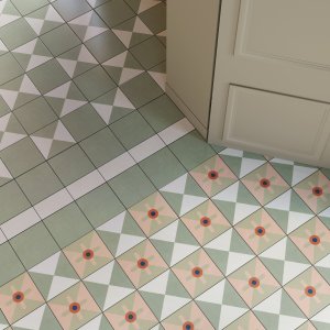 Composizione di pattern Mattonelle Margherita di Mutina su pavimento e parete