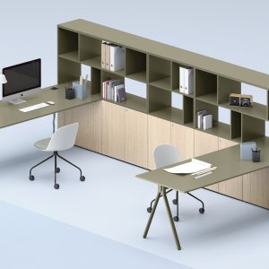 Scrivania manageriale Lay in appoggio su un contenitore da 160 cm