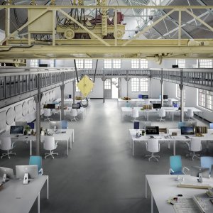 Sala di una banca con tavolo Nuur di Arper e sedie