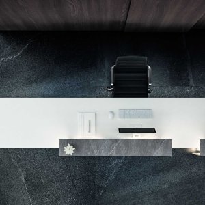 Dettaglio delle spalle in acciaio con LED a 4000 K del bancone Lux