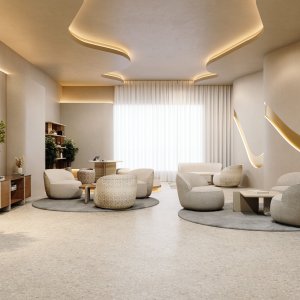 Angolo informale con tavolo tondo Ginza e tre poltroncine, parete a doghe di legno