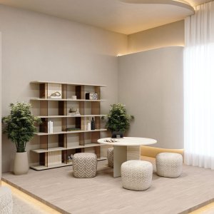 Il pannello laccato della base Ginza affiancato al pannello in travertino