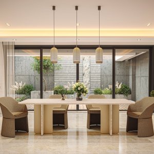 Spigoli stondati del piano in travertino romano del tavolo Ginza, design Barbieri Magalini