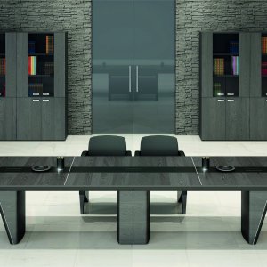 Tavolo riunione ovale iSixty con semicolonne in legno e filo luce cromato
