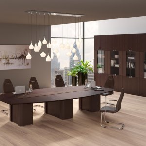 Scrivania moderna Omega di Codutti in rovere tinto noce con piano in vetro nero