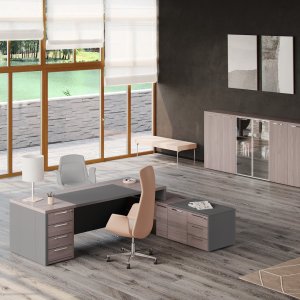 Tavolo riunione componibile One di Codutti da 14 posti con top vetro-legno-vetro