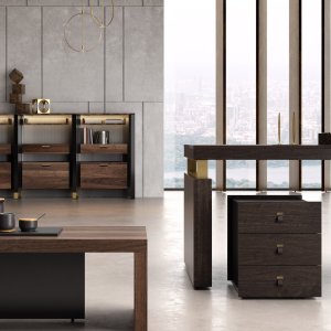 Scrivania moderna Bellagio con modesty panel a terra in nero lucido, Della Rovere