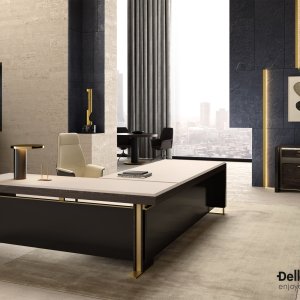 Libra di Della Rovere: piano in ecopelle avorio e anello color ottone a terra