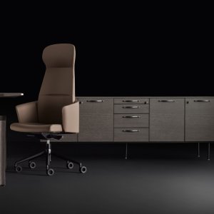 Scrivania Eleva con unità di servizio e credenza coordinata in rovere