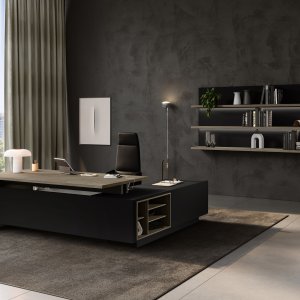 Top-access in alluminio nero con sportellino basculante su tavolo riunioni Elite