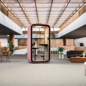 Pod acustico Framery One bianco con curve senza giunte in ufficio