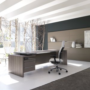 Tavolo riunione Athos 410 cm con fascia tecnica in olmo e boccole passacavi