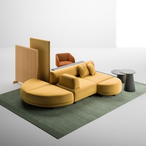 Seduta isola Node+ da 180 × 180 cm con schienali imbottiti nella hall di una sede