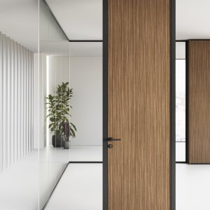 Porta battente in legno B1 con telaio in alluminio del sistema Mood