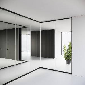 Parete Mood MN con profili a omega a scomparsa nel pavimento e nel soffitto