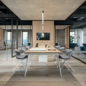 Modulo di continuità legno vetro nella parete divisoria Quadrifoglio