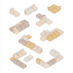Pouf One Hundred di Quinti alto 38 cm accostato al modulo con schienale