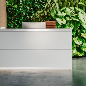 Modulo accoglienza ribassato del bancone Vogue in continuità con il banco alto