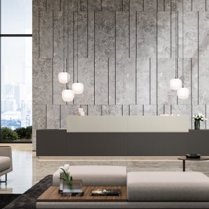 Bancone reception Z1 di Quadrifoglio in composizione asimmetrica nella hall