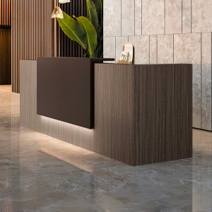Composizione bicolore del bancone Z2 di Quadrifoglio: fronte in melaminico rovere e mensola laccata