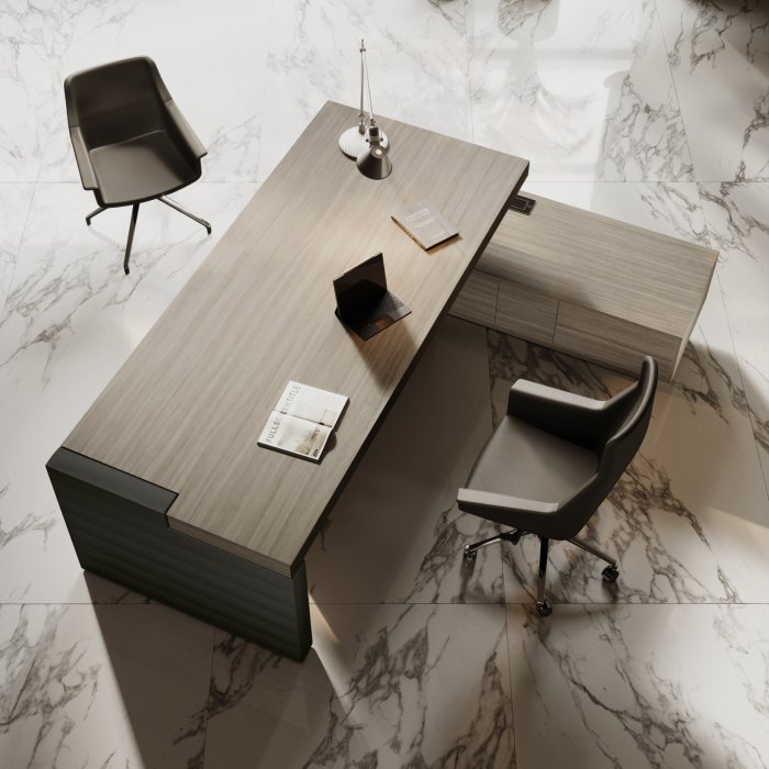 Scrivania direzionale per CEO con piano ampio, credenza integrata e gestione cavi discreta in ufficio dirigente